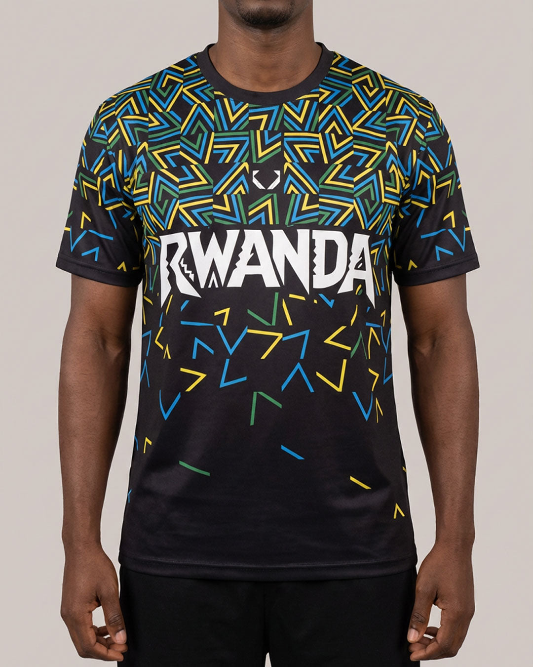 KIZA Rwanda Inkuba black football jersey front view with geometric thunder pattern in Rwandan flag colors