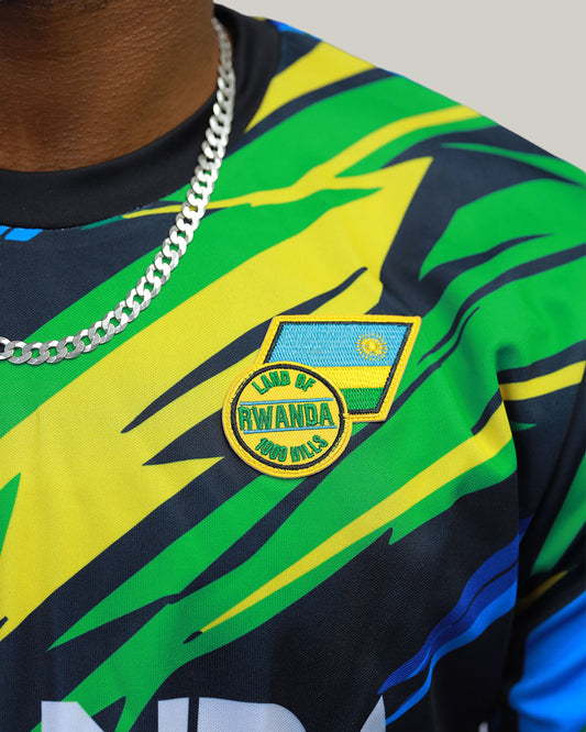 Rwanda Flag Colors Lightning jersey by KIZA back view with bold RWANDA text