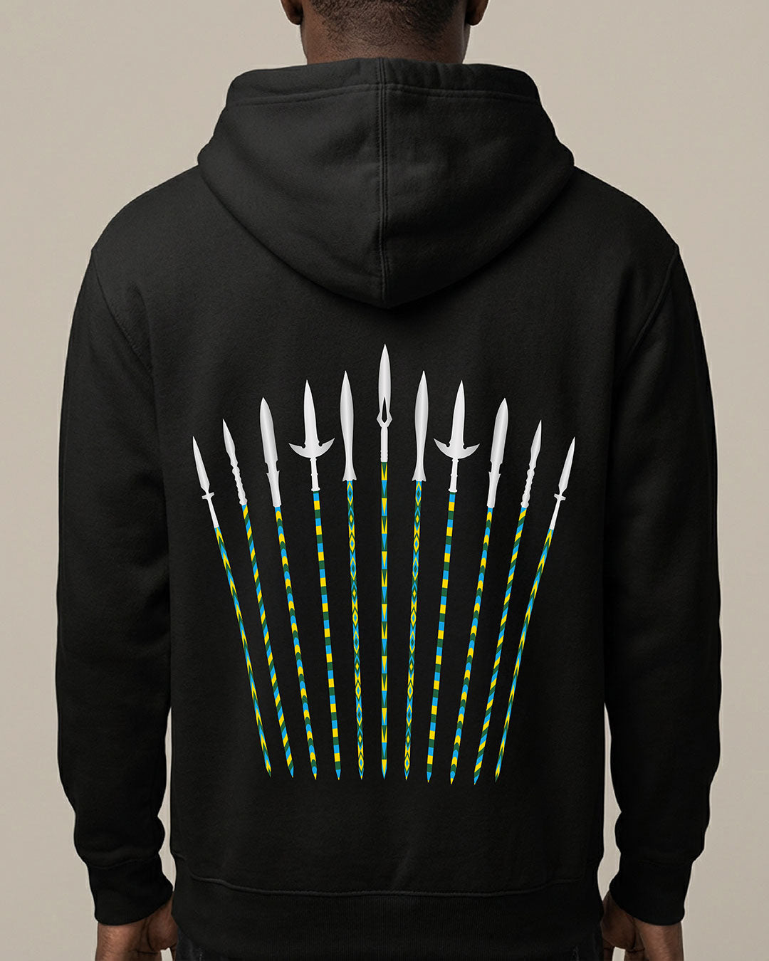 KIZA Spears black hoodie inspired by the Intore warrior dance and Rwandan spear heritage