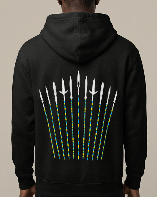 KIZA Spears black hoodie inspired by the Intore warrior dance and Rwandan spear heritage
