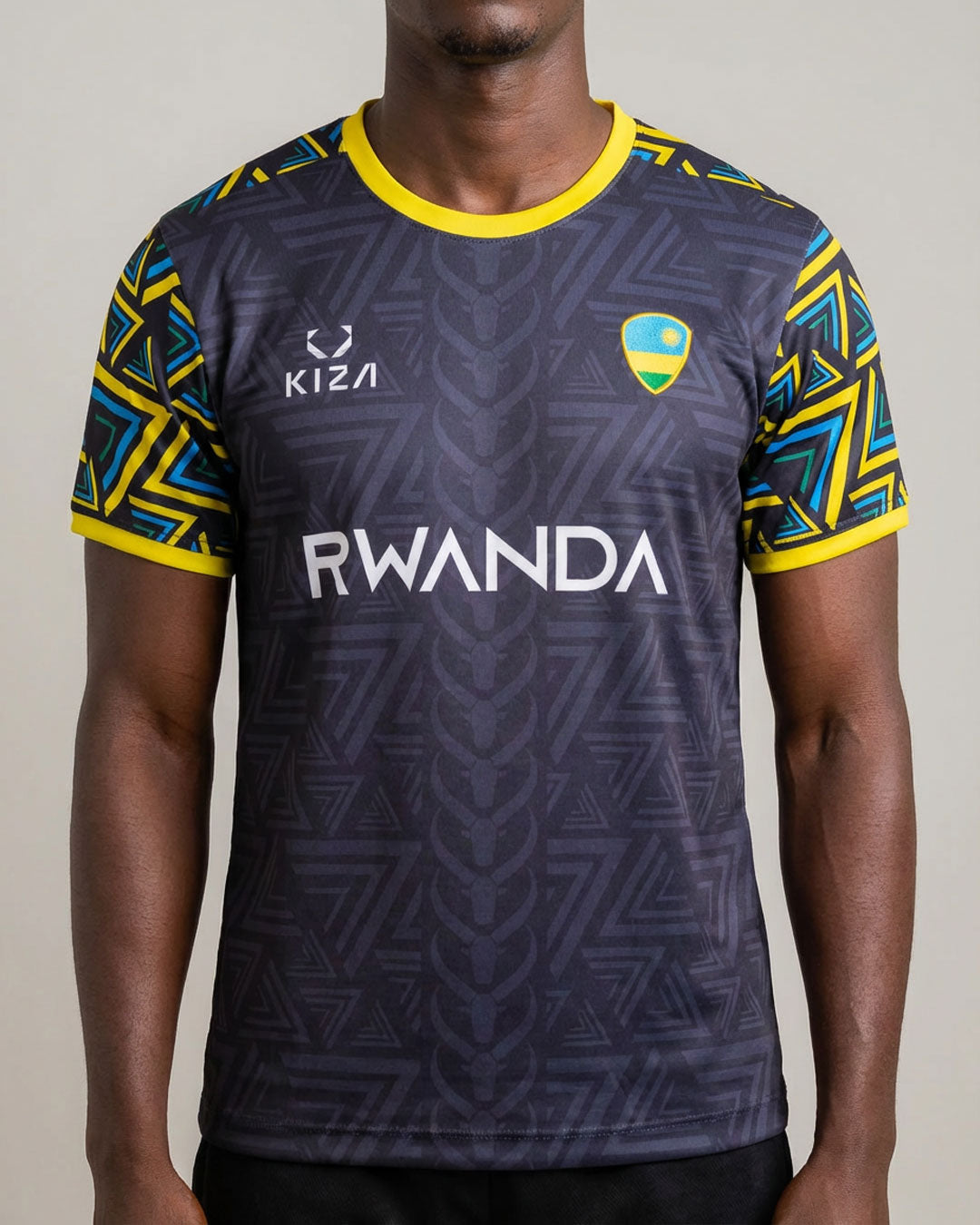 Rwanda Imigongo black football jersey by KIZA, heritage sportswear with sacred geometric patterns for Umuganura festival