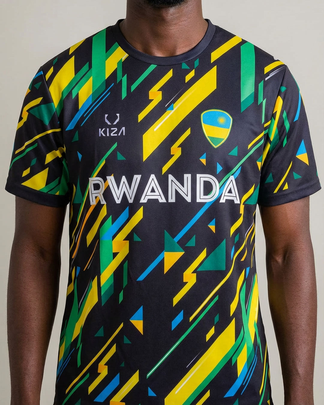 Rwanda Colors football jersey by KIZA in the blue, yellow and green of the Rwandan flag