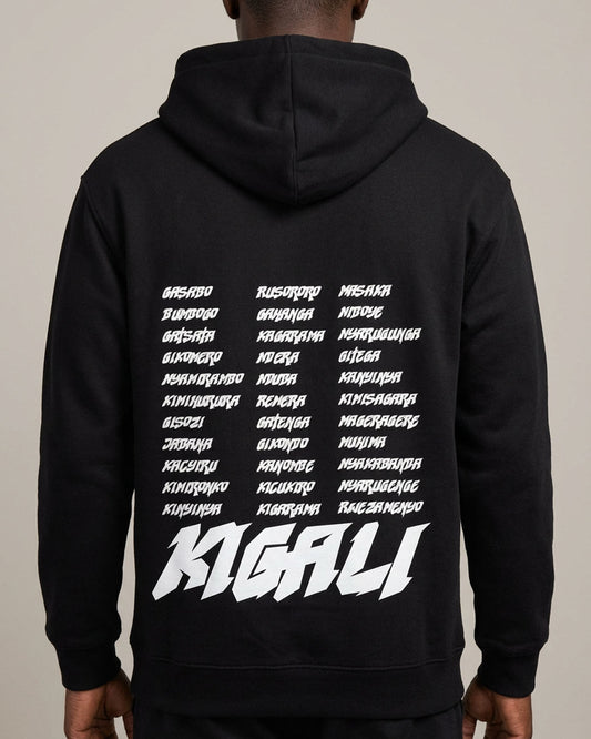 KIZA Kigali black hoodie, Rwandan apparel souvenir from the land of tea plantations and a thousand hills