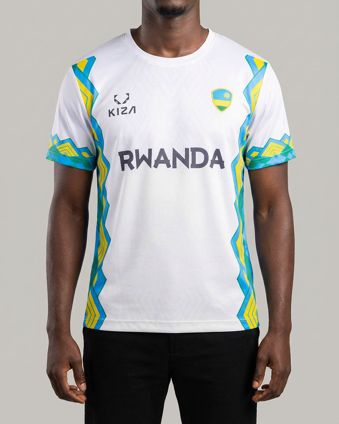 Rwanda Imigongo white football jersey by KIZA, geometric heritage design from Rwanda's cultural capital Huye