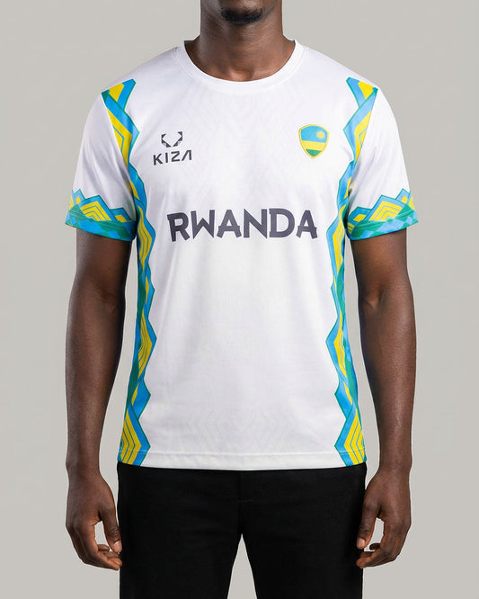 Rwanda Imigongo white football jersey by KIZA, geometric heritage design from Rwanda's cultural capital Huye