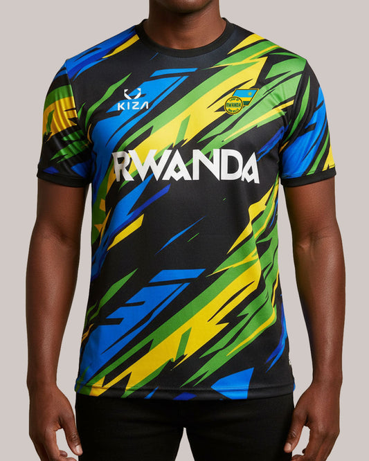 Rwanda flag colors lightning football jersey by KIZA - blue yellow green national colors with flag patch