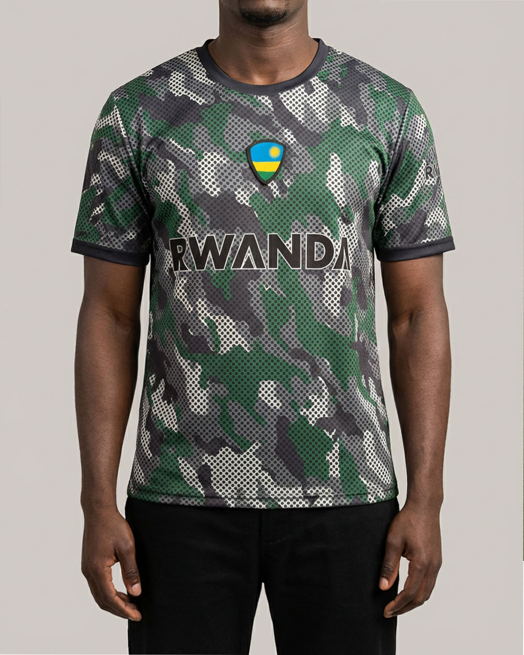 KIZA Rwanda military green camo football jersey inspired by Nyungwe rainforest landscapes