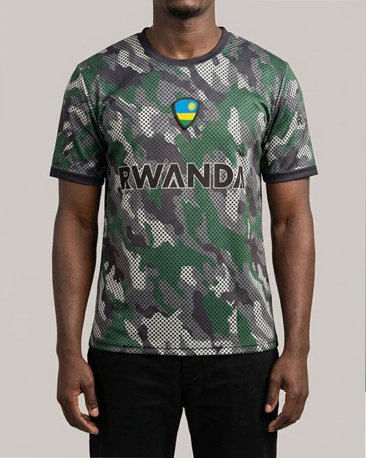 KIZA Rwanda military green camo football jersey inspired by Nyungwe rainforest landscapes