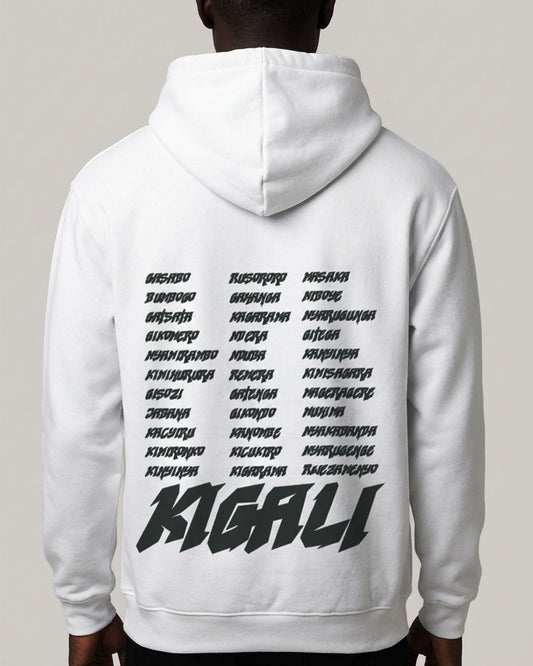 Kigali white hoodie by KIZA with the city's districts on the back - Kigali streetwear souvenir