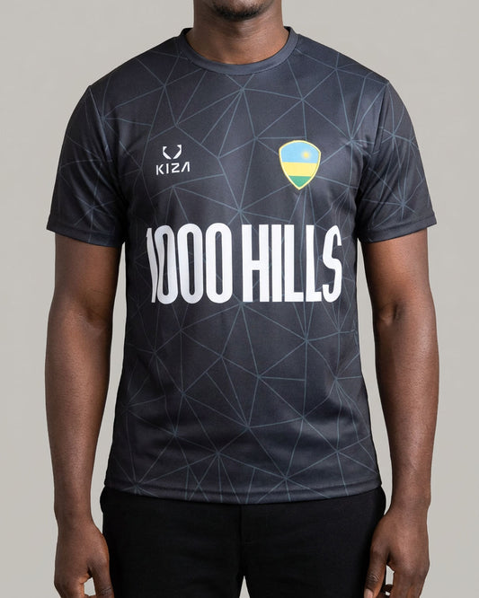 Rwanda 1000 Hills black lines football jersey by KIZA, sportswear inspired by Tour du Rwanda cycling terrain