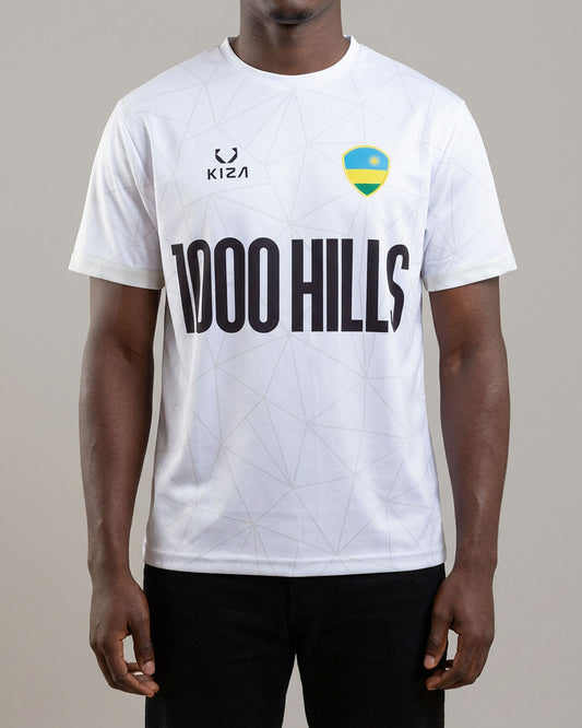 KIZA Rwanda 1000 Hills white lines football jersey inspired by Lake Kivu and the rolling hills of Rwanda