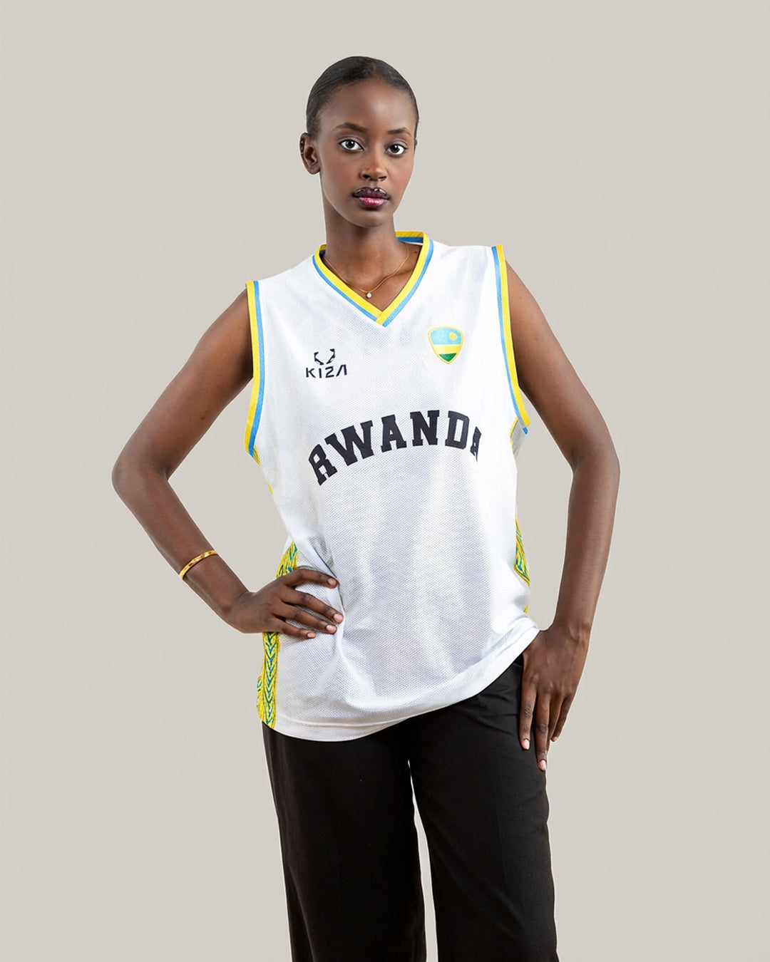 White Rwanda basketball jersey detail made in Kigali