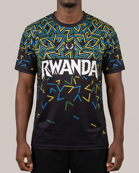 KIZA Rwanda Inkuba black football jersey front view with geometric thunder pattern in Rwandan flag colors