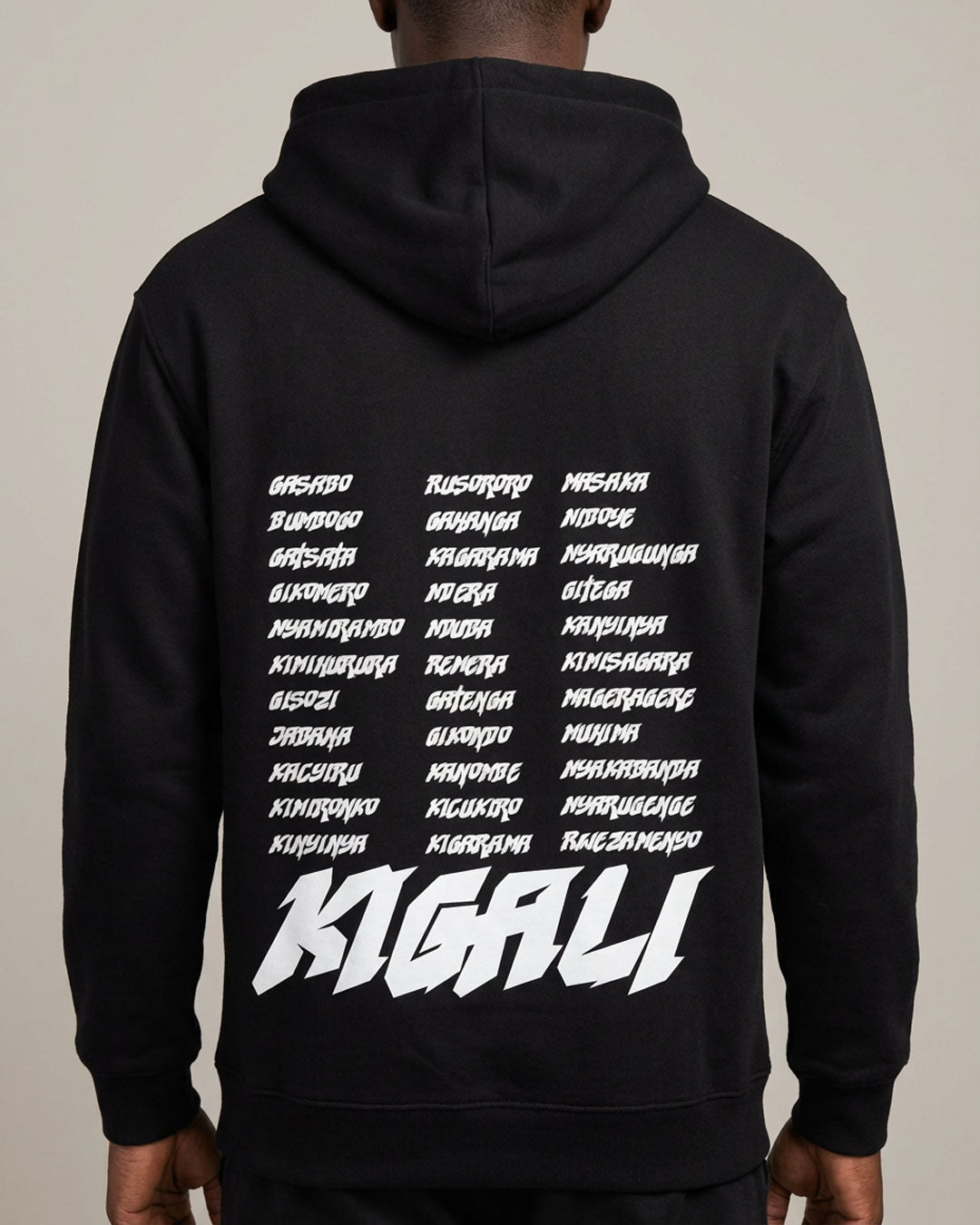 Kigali hoodie black with districts printed on back by KIZA
