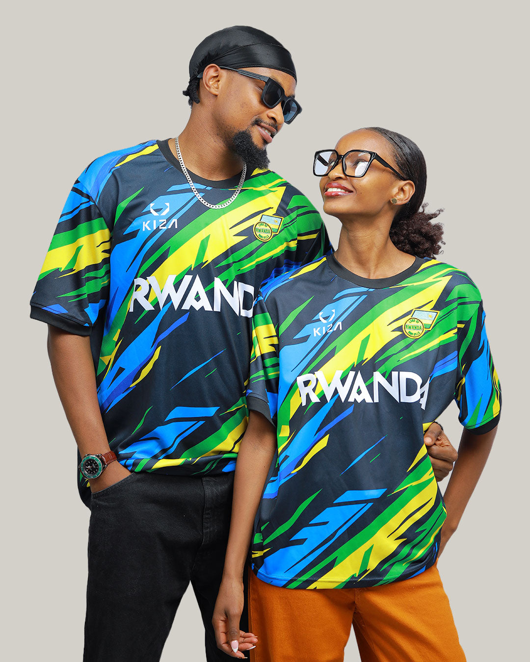 Rwanda Flag Colors Lightning black jersey side angle showing blue yellow green bolts
