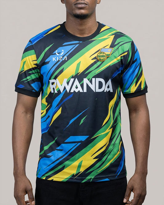 KIZA Rwanda Flag Colors Lightning football jersey front view with PVC flag patch