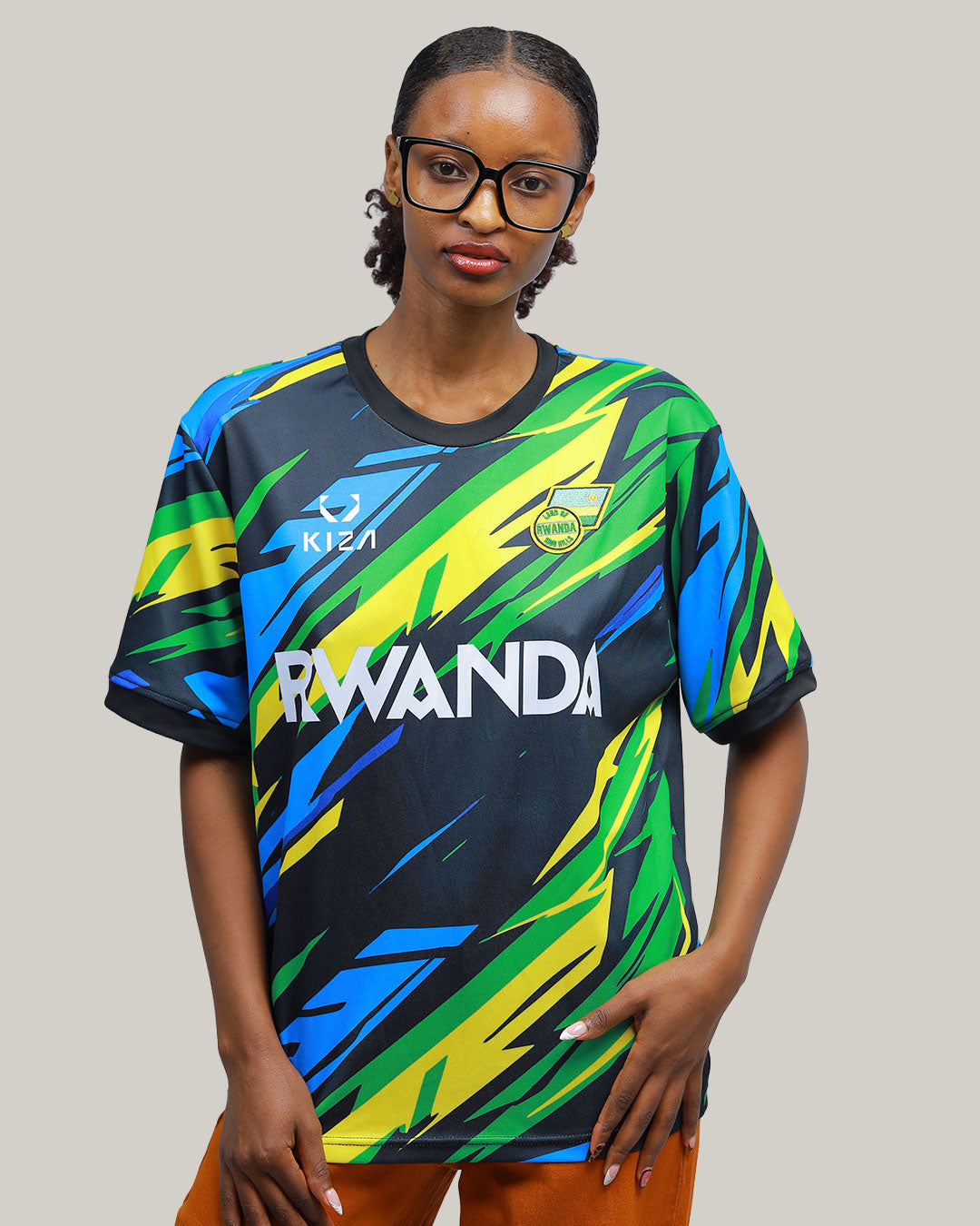 KIZA Rwanda Flag Colors jersey detail of lightning bolt pattern in national colors