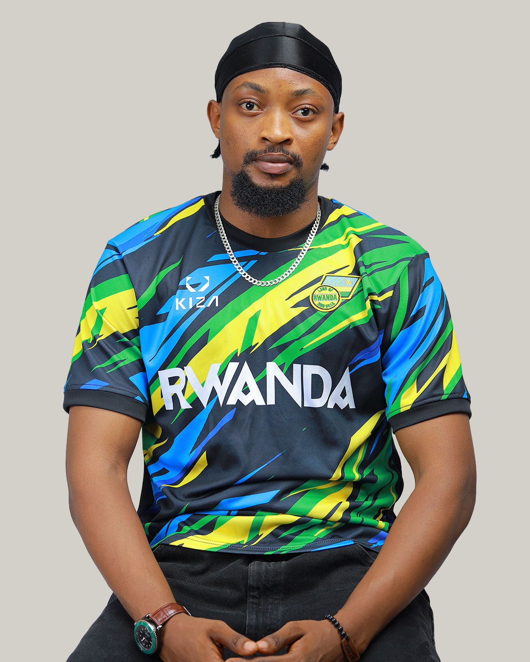 Rwanda Flag Colors Lightning jersey flat lay showing full design with flag patch