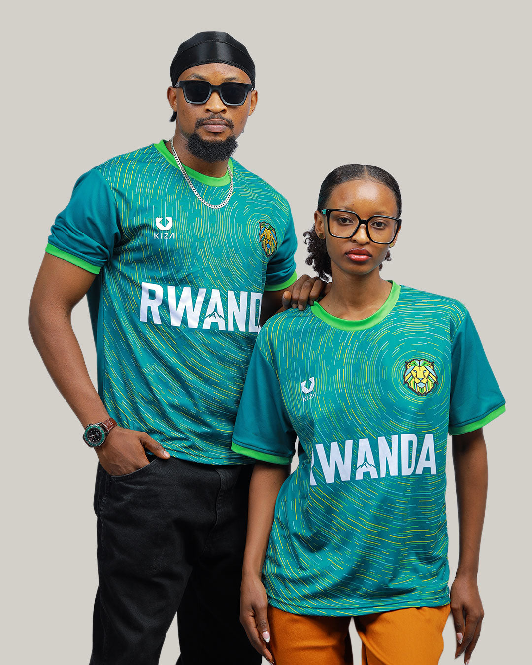 KIZA Rwanda Intare jersey detail of embroidered KIZA logo and mesh fabric