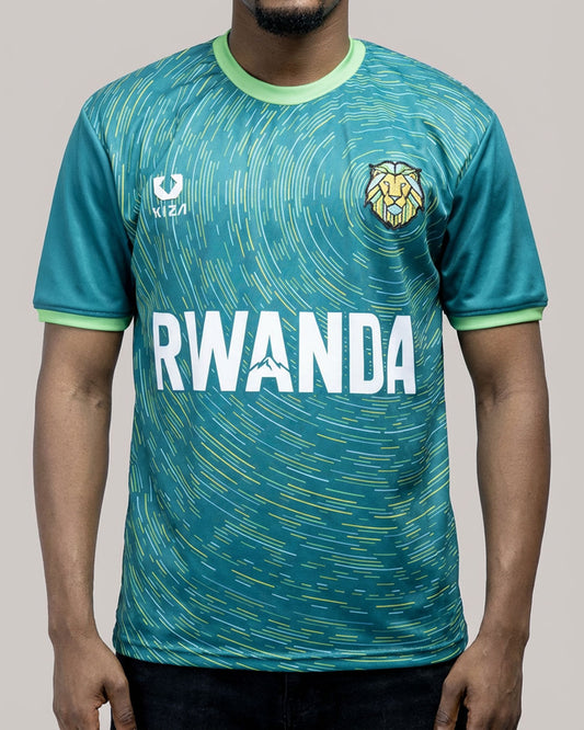 KIZA Rwanda Intare green football jersey front view with embroidered lion crest