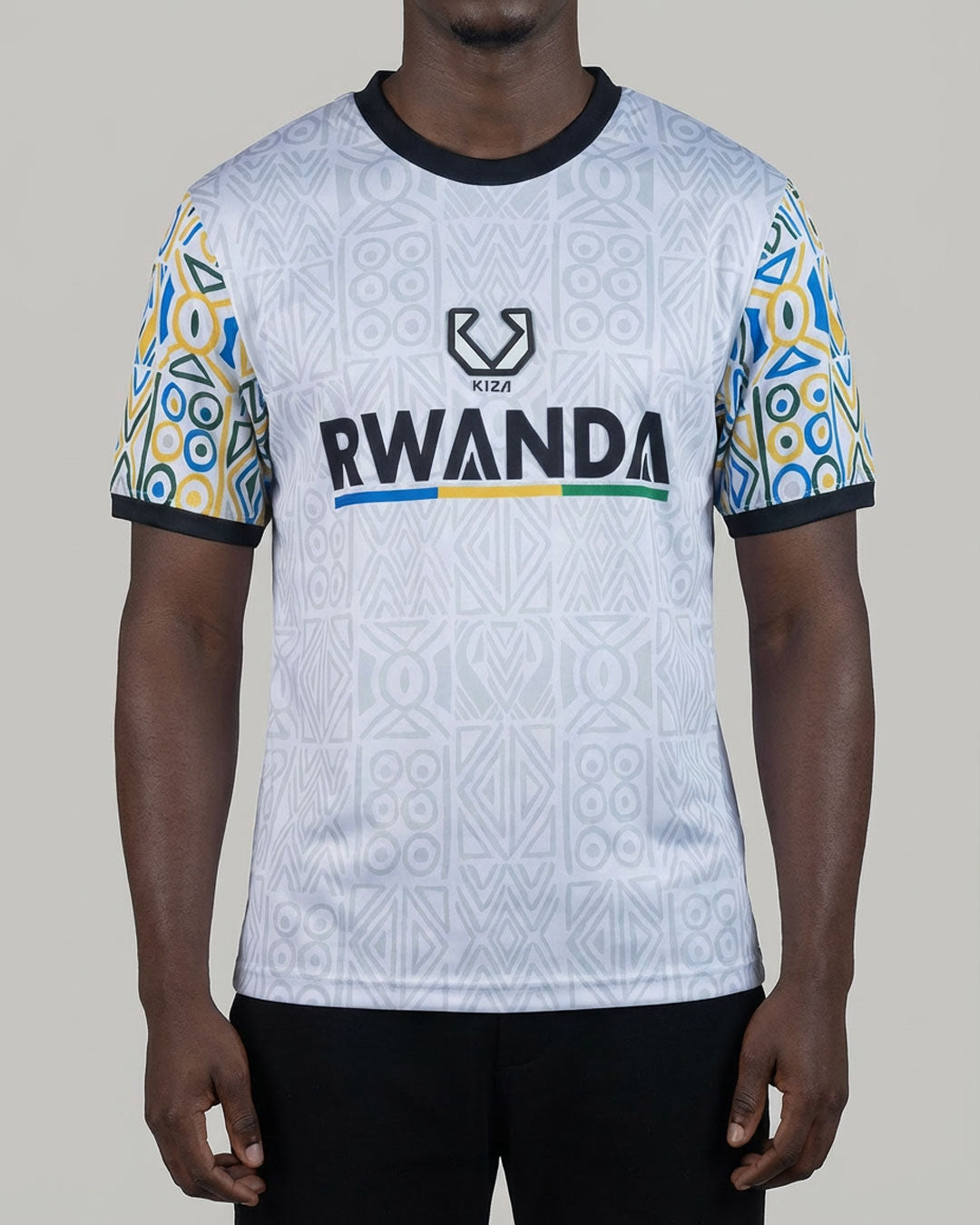 Rwanda Unity white football jersey with Imigongo patterns and flag color sleeves by KIZA