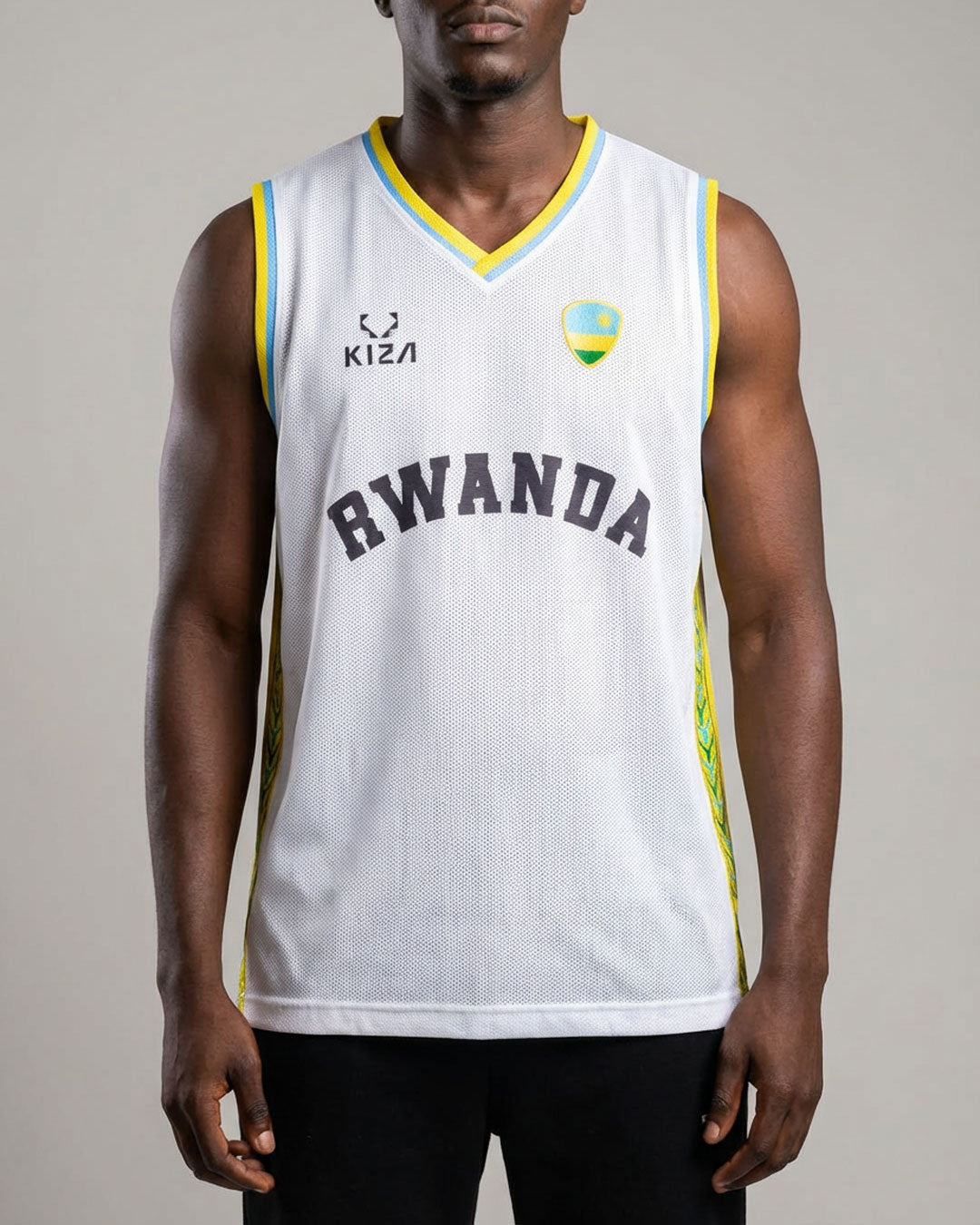 KIZA Rwanda white basketball jersey with national colors front